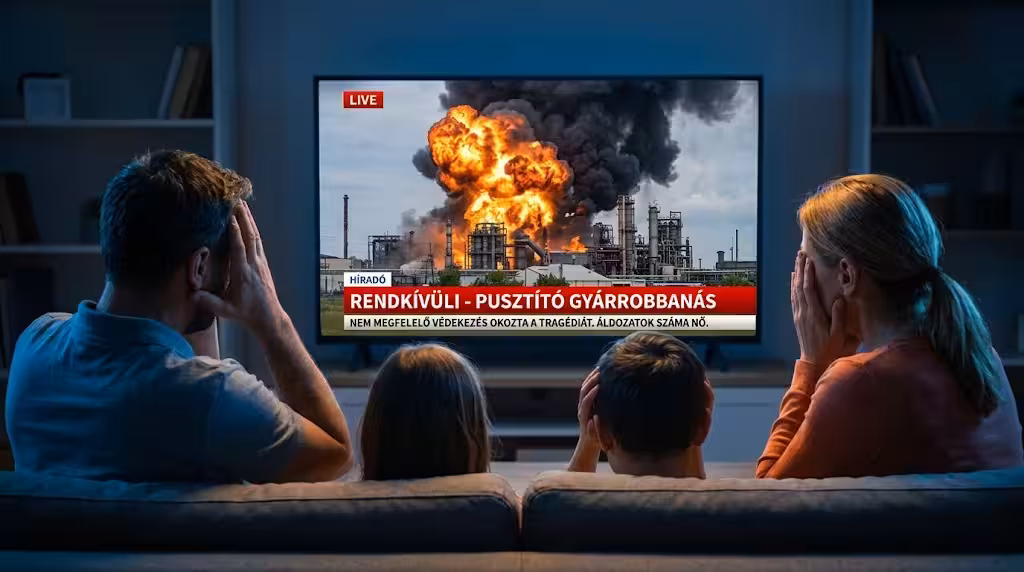 Egy család ül a nappaliban és fogják a fejüket, ahogyan a tv-ben éppen leadják, hogy a közeli gyárban robbanás történt